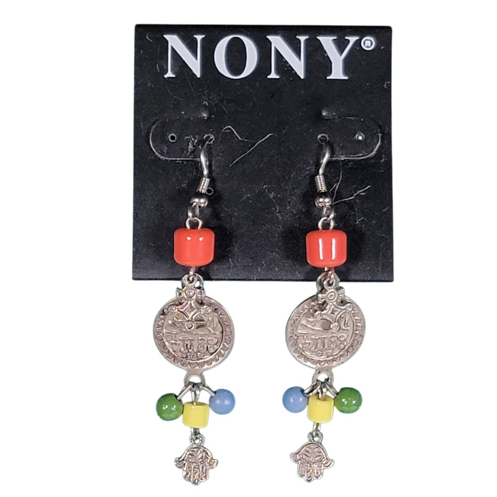 VTG 90s NONY Hamsa Hand Coin Dangle Earrings Beaded Silver Tone Middle Eastern